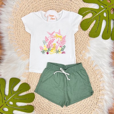 Conj. Blusa Onças e Short em Moletinho - Off White e Verde